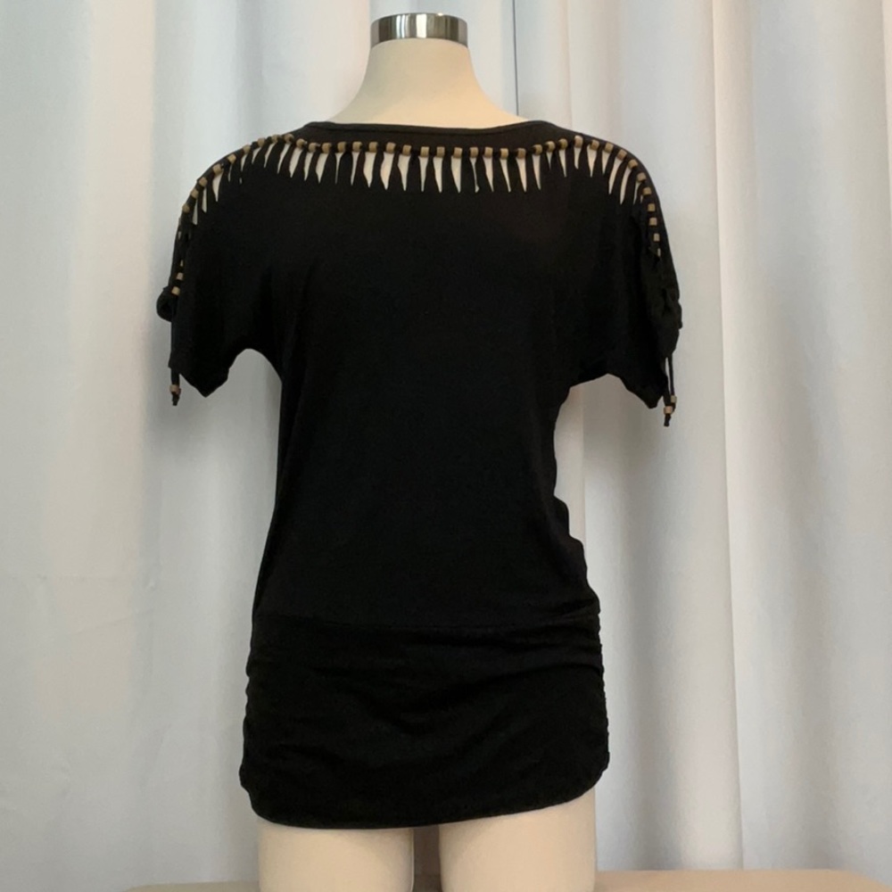 Boston Proper Tan Beaded Black Short Sleeve Top Ruched Bottom Women Size M